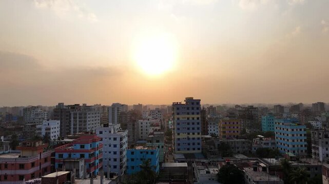 Sunrise Aerial Push In Drone Shot of Dhaka City Skyline