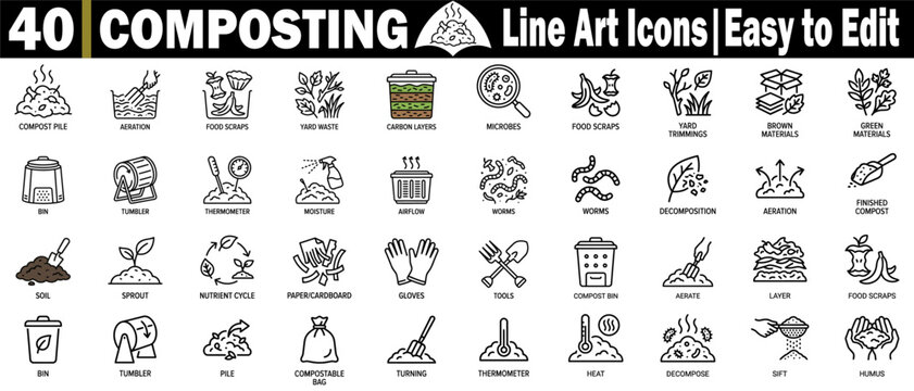 Composting line art icons set. Easy to edit, such as compost pile aeration, food scraps, yard waste, carbon layers, microbes, and yard trimmings vector illustration.