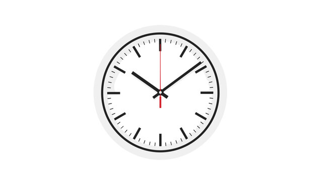 Classic round analog wall clock face with black hands and a red second hand indicating time on a simple and clean white background.