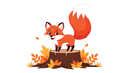 Fototapeta premium Adorable little orange fox standing on a tree stump surrounded by colorful fall leaves in a whimsical autumn themed vector illustration.