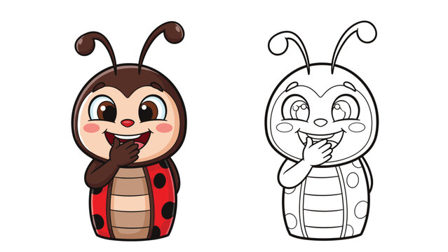 Cute ladybug character with a smiling face and red shell with black spots, shown in full color and as a line art outline version.