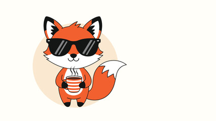 Obraz premium Cool orange fox wearing dark sunglasses and holding a mug of steaming coffee, looking confident and trendy as a mascot.