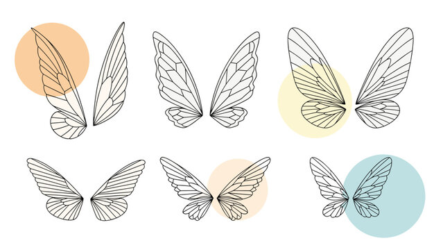 Collection of six pairs of delicate butterfly or fairy wings in different styles and shapes, decorated with colorful circular accents.