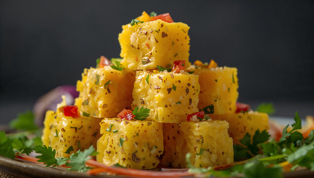 Stack of savory chickpea flour cakes (dhokla), indian appetizer, garnished with herbs and spices, indian food