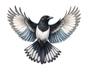 Obraz premium Watercolor Magpie Illustration, Black and White Bird Clipart, isolated on white background