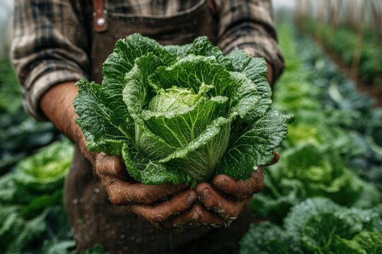 Close up of hands holding fresh green lettuce in a garden, showcasing vibrant leaves and soil-stained fingers, with rows of lettuce plants visible in the background