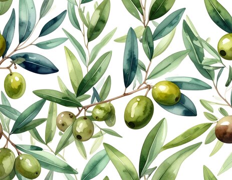 Watercolor illustration featuring olive branches with green leaves and olives, perfect for textile or wallpaper designs