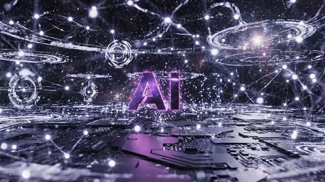 Animated ai text logo in white and purple hues looping seamlessly 4k video