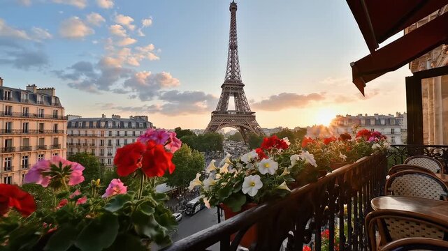 Balcony with Eiffel Tower view at sunset for environmental projects, nature documentaries, and commercials