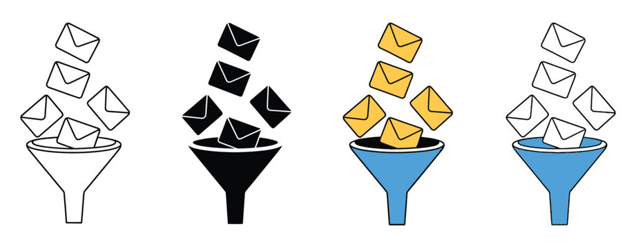 Email spam filtering and message sorting icon set, clean minimalist vector collection featuring inbox shield, filter funnel, and categorized message folders for email