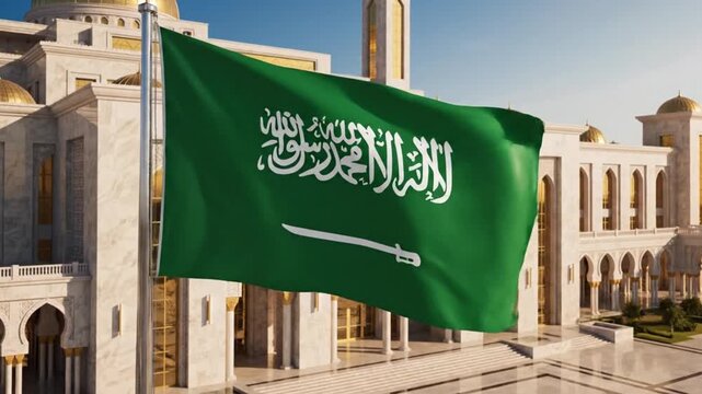 Saudi Arabia national flag waving on flagpole in front of majestic mosque and blue sky