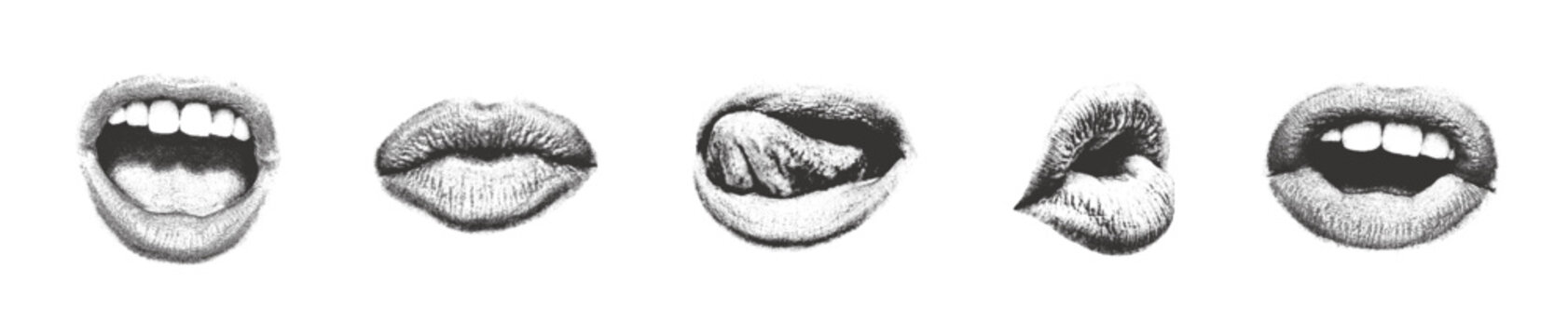Y2K set Lips Halftone mimicking print photocopy effect. Vector Isolated: Mouth open, tongue, kiss. Retro grain spray stippling noise texture transparent background. 2000s collage effect punk tattoo.