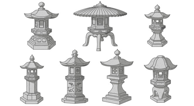 Collection of Traditional Stone Japanese Garden Lanterns - Pagoda Style