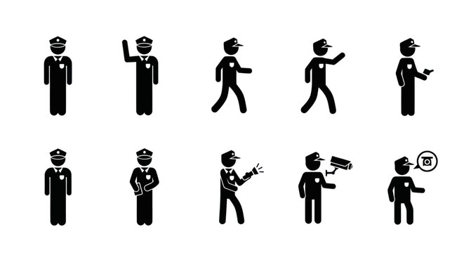 Police Officer Icons: Standing, Waving, Walking, Holding Flashlight, Camera, Talking