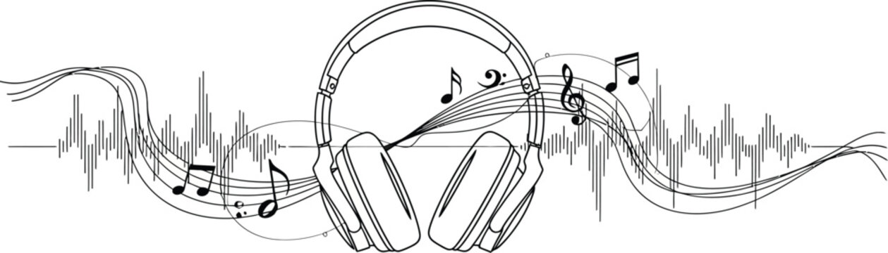 Outline illustration of headphones surrounded by musical notes and sound waves, symbolizing audio entertainment, sound technology, and a passion for music.