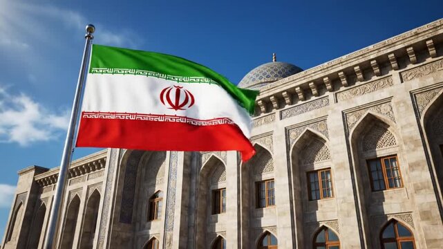 Iranian flag waving on flagpole in front of beautiful mosque building and blue sky