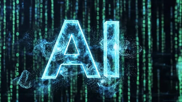 Animated ai text logo in metallic chrome render with glowing particles and digital 4k video