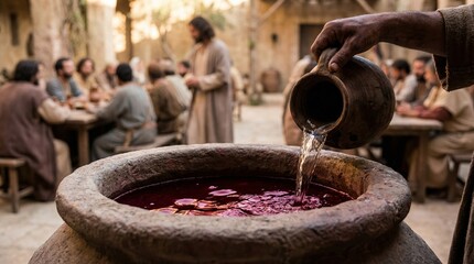 Fototapeta premium Miraculous transformation of water to wine by jesus biblical event historical setting