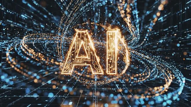 Animated ai text logo in golden circuit animation with dynamic particles and futuristic 4k video