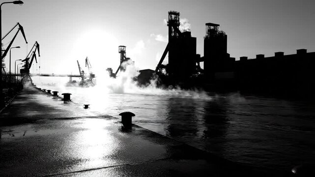 Industrial harbor silhouette scene at dawn with cranes and factory structures producing steam and reflecting water in black and white