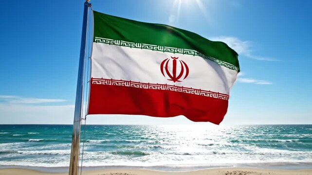 Iranian flag waving on flagpole at sunny beach with blue sea and sky background