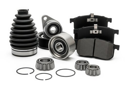 A variety of automotive parts including brake components and bearings displayed on a white background