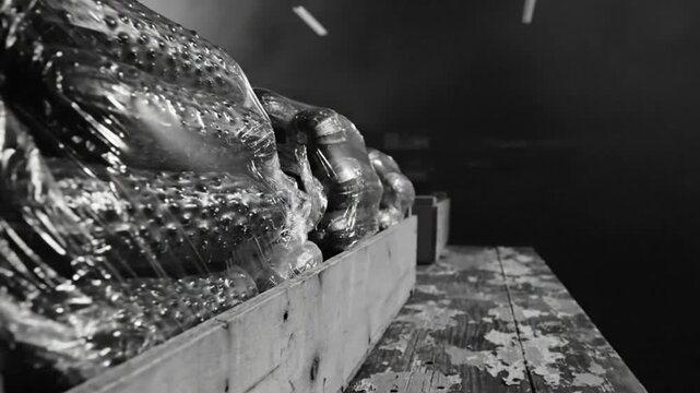 Black and white video of wrapped packages in wooden crate on aged surface with dim lighting