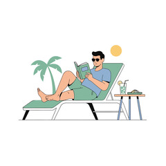 Fototapeta premium Man Relaxing Reading Book on Beach Chair Under Palm Tree with Drink