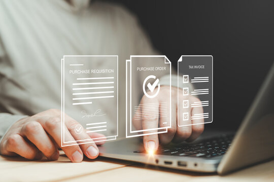 Man using laptop with digital document interface showing purchase requisition, order approval, and invoice checklist, illustrating e procurement workflow, paperless office and business automation