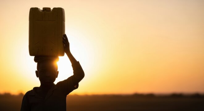 African boy carries yellow jerrycan with water on head during sunset. Hardship and lack of access to clean water. Daily struggle for survival and poverty in developing countries.