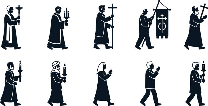 Religious procession silhouette set featuring priests and believers with crosses and light.