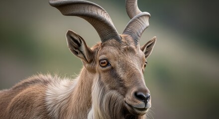 Fototapeta premium Portrait of a markhor goat with large spiral horns. Close up headshot of a wild mountain goat in its natural habitat. Majestic herbivore animal in nature, wildlife photography concept.