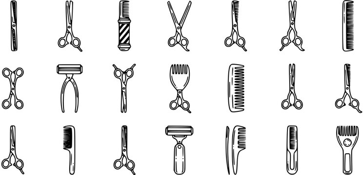 Barber and Hairdressing Tools Line Art Icons Set. Black and white vector outline glyphs of salon equipment: scissors, combs, and razors for beauty.