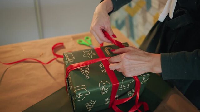 Hands tying red ribbon on christmas present, closeup of hands knotting bow on green patterned paper, scissors and tape on wooden table, warm ambient lighting creating intimate holiday mood, careful