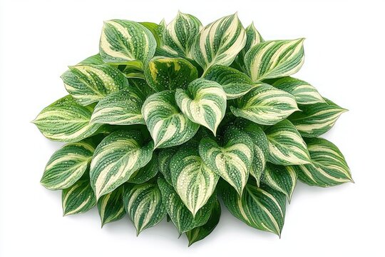 variegated hosta with heart-shaped green and cream leaves dotted with water droplets, fresh serene top-down view