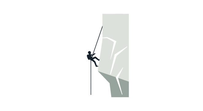 Silhouette climber rappels down a sheer rock face, rappelling activity, adventure sport