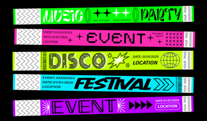 Naklejka na ściany i meble Club pass, event party y2k bracelet, festival and concert tickets. Vector acid color paper wristbands with retro y2k stars, futuristic globes and geometric shapes. Disco rave party pass bracelets set