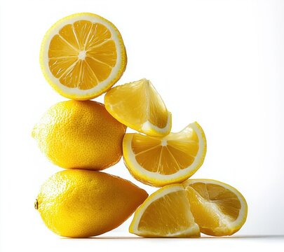 stack of whole lemons, lemon halves and wedges on white background, bright fresh and zesty still life conveying a refreshing vibrant mood