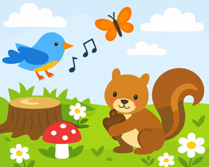 Naklejka premium Cute squirrel near a tree stump with butterfly, blue bird, mushroom and flowers under a cloudy sky. Playful woodland spring scene with music notes and cheerful wildlife mood.