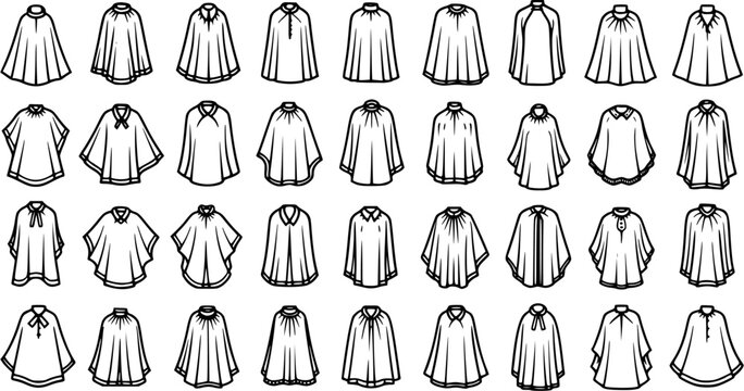 Fashion Clothing Apparel Cape Poncho Garments Outline Line Art Vector Icons Set. Collection of diverse cloak and shawl styles.