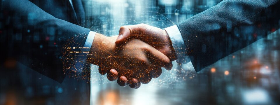Two professionals in suits shaking hands with a glowing digital network overlay against a blurred futuristic city backdrop, conveying trust and collaborative partnership