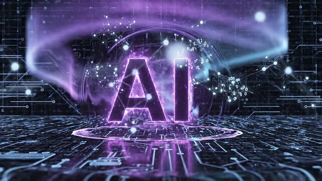 Futuristic ai logo animation in green matrix style with dynamic lighting effects 4k video