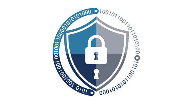 Digital Security Shield with Padlock and Binary Code