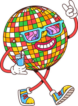 Walking disco ball cartoon groovy character. Dance party mirrorball cheerful groovy mascot, nightclub discoball vector personage. Club music disco ball funny character in colorful funky sunglasses