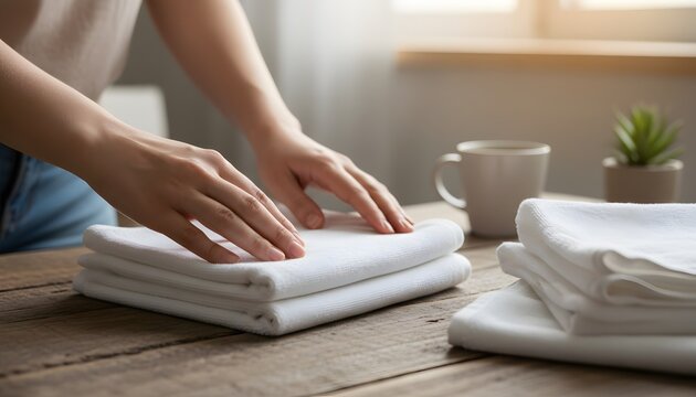 Person folding white towels on wooden table near window with coffee cup