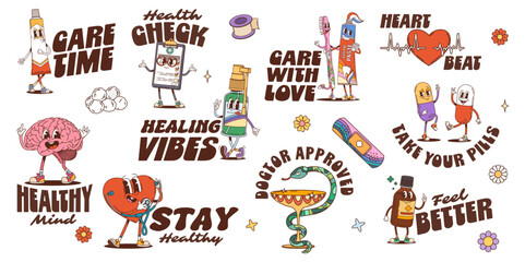 Obraz premium Medicine Y2K groovy stickers and funky health care characters, cartoon vector. Funny groovy medical characters of heart and brain with pills and spray or patches with toothpaste and toothbrush