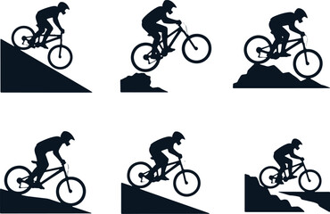 Obraz premium Mountain bike rider cycling downhill and jumping on various terrain silhouettes.