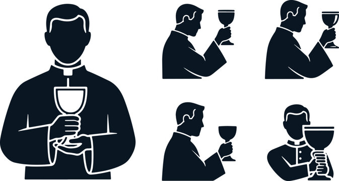 Priest holding a chalice for communion silhouette set vector illustration.