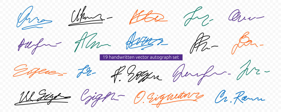 Different Handwritten Fake Signature Set. Fake Signature Autograph Sign Sample Kit. Random Hand Name Handwritten Autograph Collection. Vector Line Illustration Transparent Png Clipart