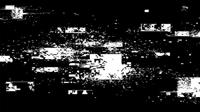 Glitchy black and white digital distortion effect with pixelated noise texture design isolated on transparent background